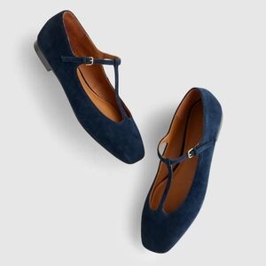 New! Madewell The Mylie T-Strap Flat in Leather Suede Deep Indigo